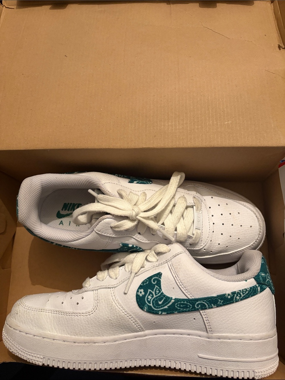 Nike White Sneakers with Green Paisley Swoosh